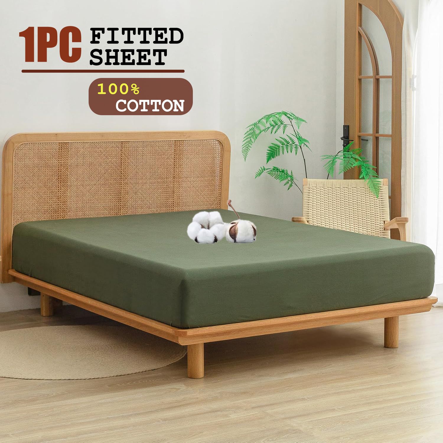 100% Cotton Fitted Sheet - Super Soft 40cm Deep Pocket Bottom Sheets - White Elastic Sheet(Double,Olive green)