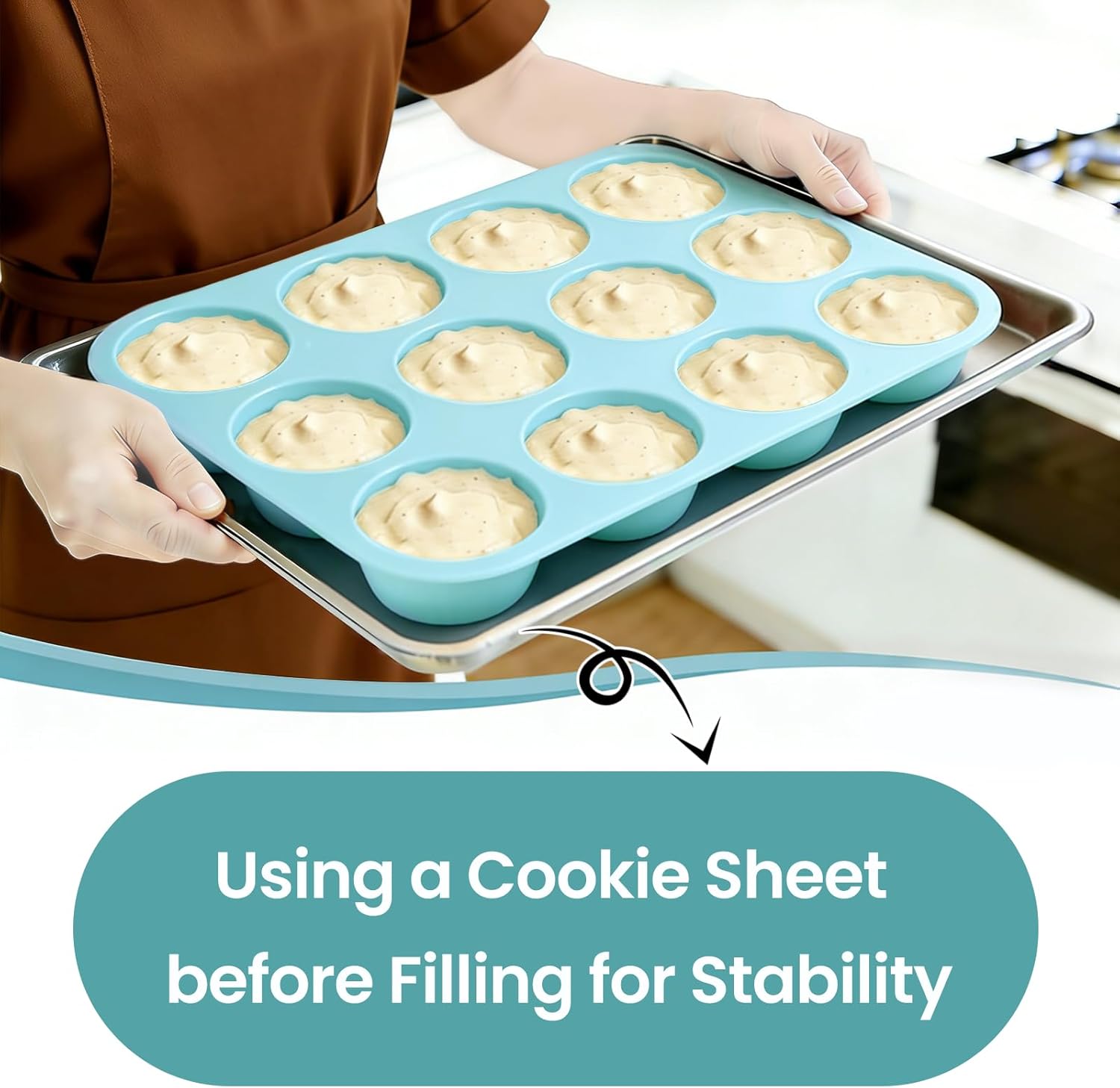 Silicone Muffin Pan, Regular Size 12 Cups Non Stick Cupcake Pan for Baking, Light Blue β image 2