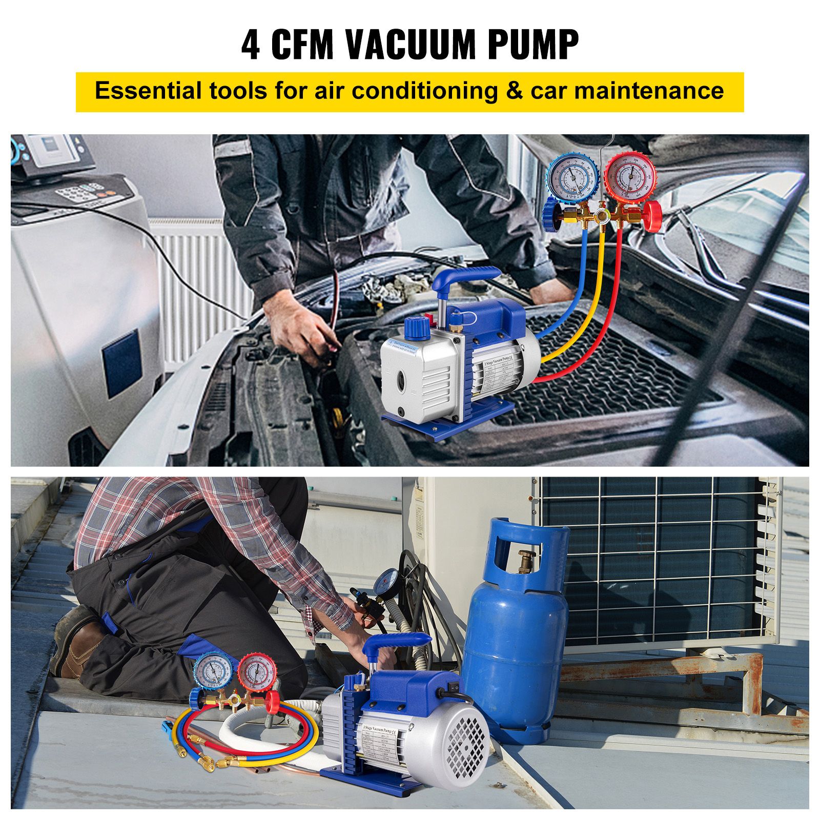 4CFM 1/4HP Rotary Vane Vacuum Pump + R134AManifold Gauge Tester Charging +Hose — image 2