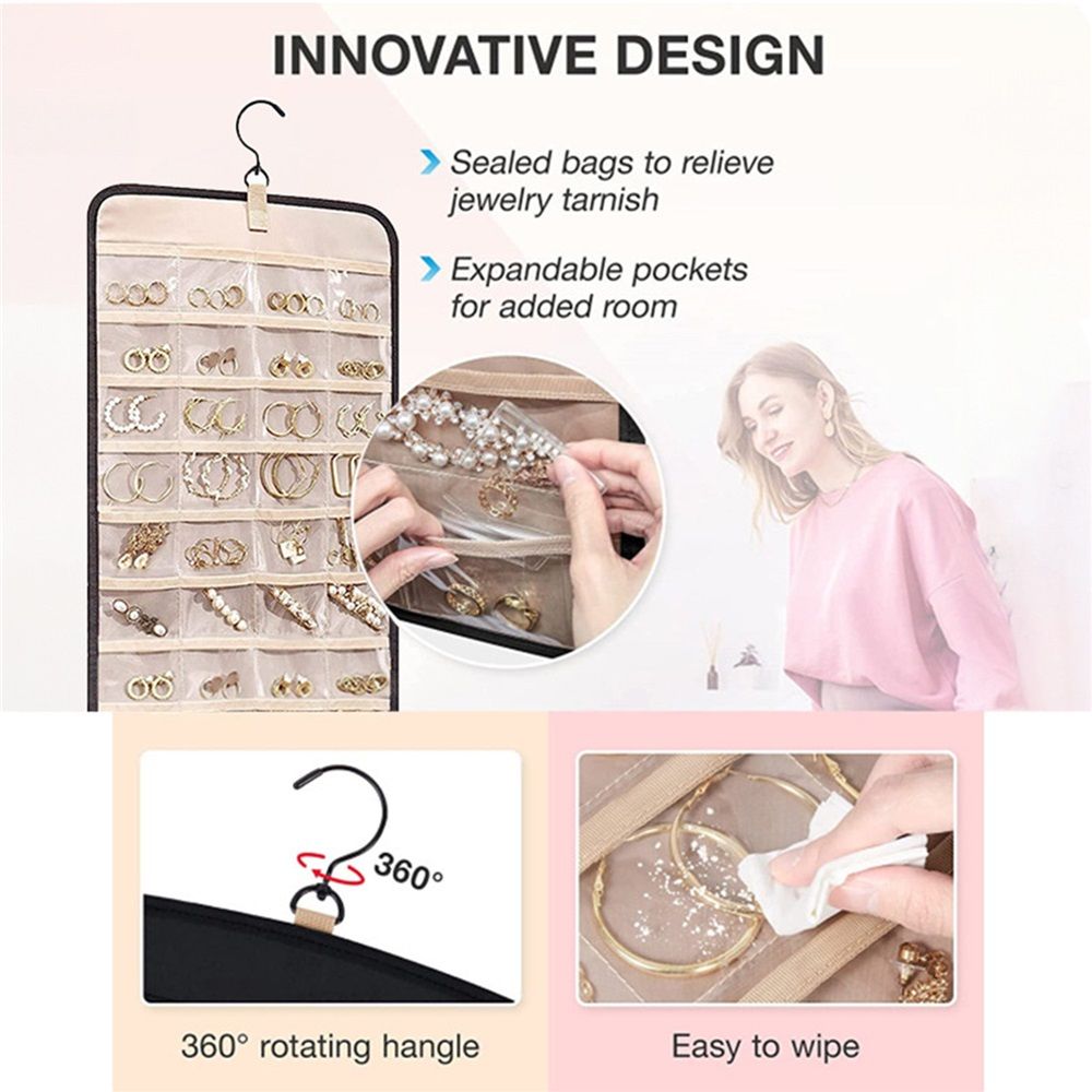 48 Pocket Oxford Fabric Double Sided Hanging Rotating Jewelry Organizer with Hanger Hooks for Earrings, Necklaces, Rings, Bracelets and Other Jewelry — image 2