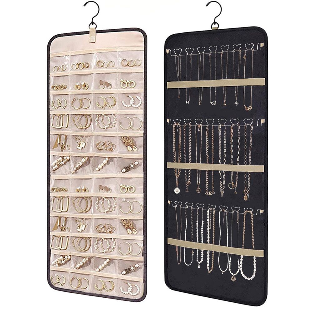 48 Pocket Oxford Fabric Double Sided Hanging Rotating Jewelry Organizer with Hanger Hooks for Earrings, Necklaces, Rings, Bracelets and Other Jewelry