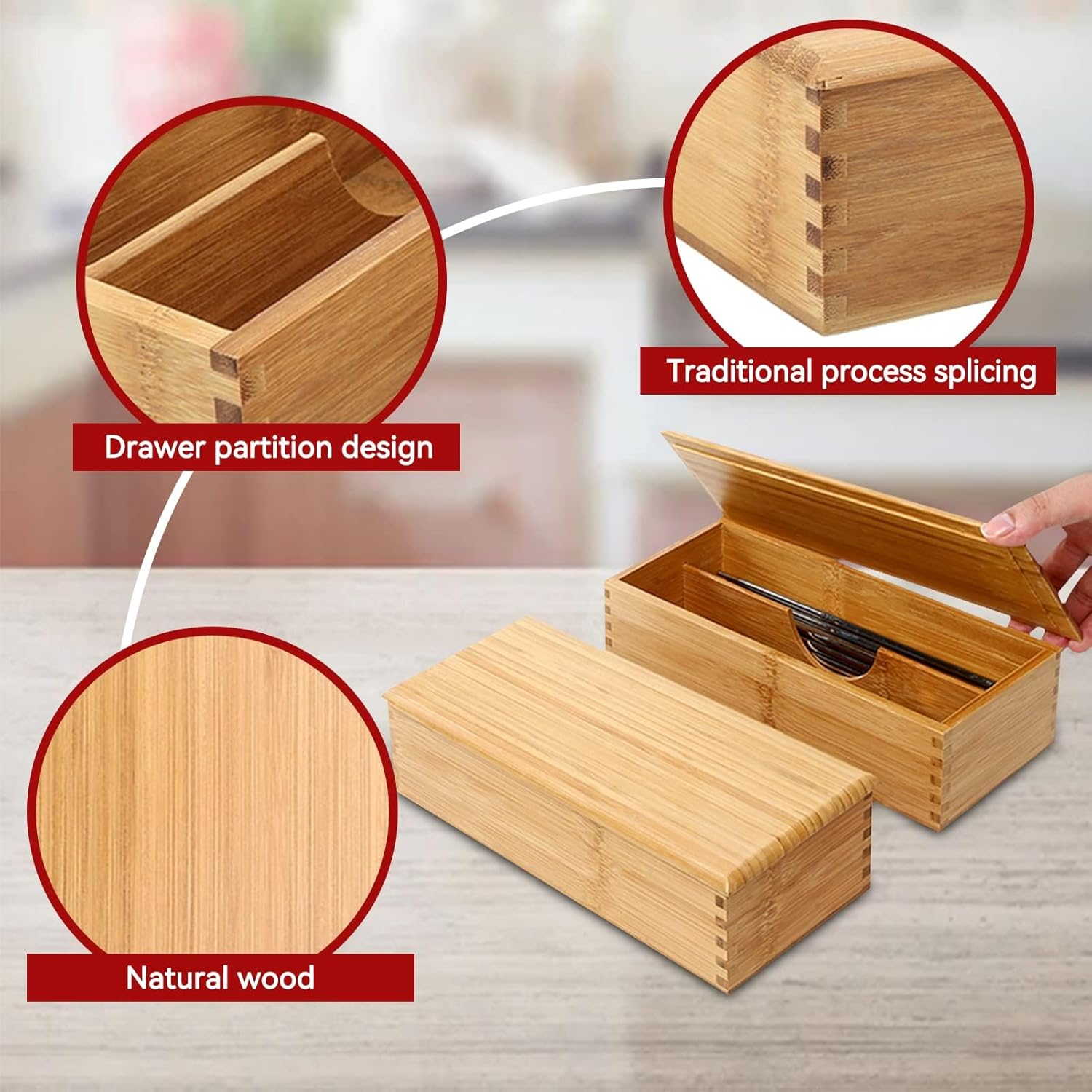 Wooden Cutlery Box with Lid, Small Drawer Organizer Kitchen, in for Spoon Utensil Chopsticks Kitchen Countertop, 10.6x4.3x2.5inch โ image 4