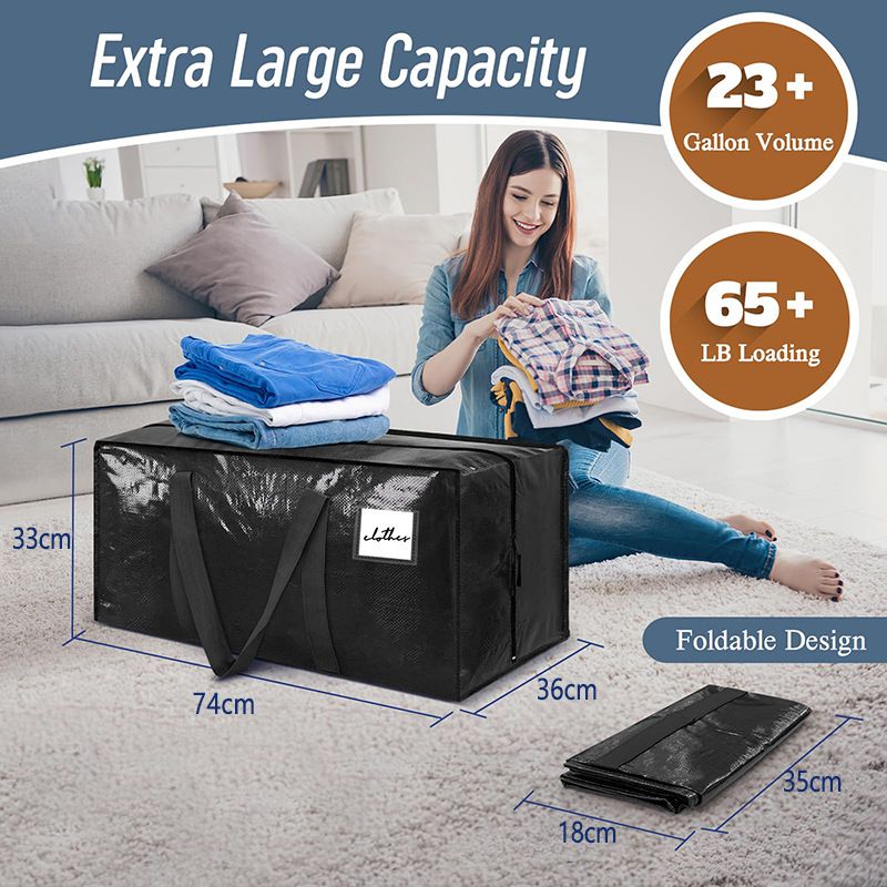 4 Pack ( 2 Dark Blue+2 Black ) Extra Heavy Duty Large Moving Bags with Strong Zipper & Comfortable Handles, Sturdy & Durable Clothes Storage Bags Totes Bins — image 2