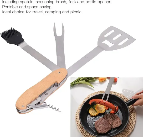 5-in-1 Foldable Stainless Steel BBQ Grill Multitool with Spatula, Fork and Bottle Opener for Camping, Picnics and Backyard Grilling — image 2
