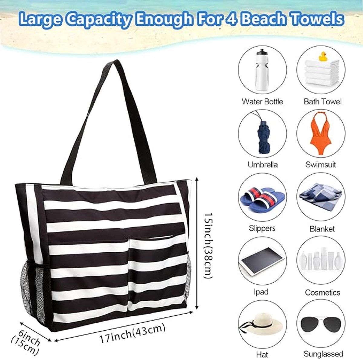 Beach Tote Bag With Zipper, Large Capacity Polyester 8 Pocket Foldable Carryall For Women Travel Pool Gym, Black White Stripe, 43 x 38 x 15 cm โ image 4
