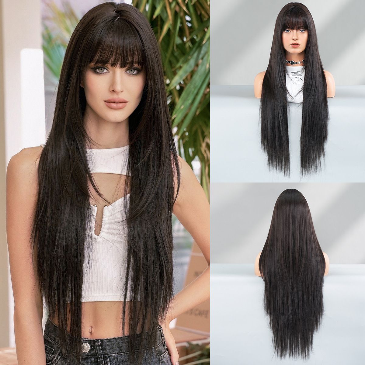 High-Density Synthetic Wig Heat-Resistant Wig Tea-Colored Wig Long Straight Wig - Natural Black - Size 85cm-33inch