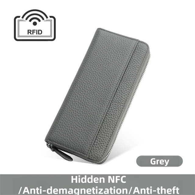 Grey Genuine Leather Women's Long Wallet with RFID Blocking & Hidden NFC - Large Capacity Phone Purse with 180° Zipper Closure, 18 Card Slots, Coin/Cash