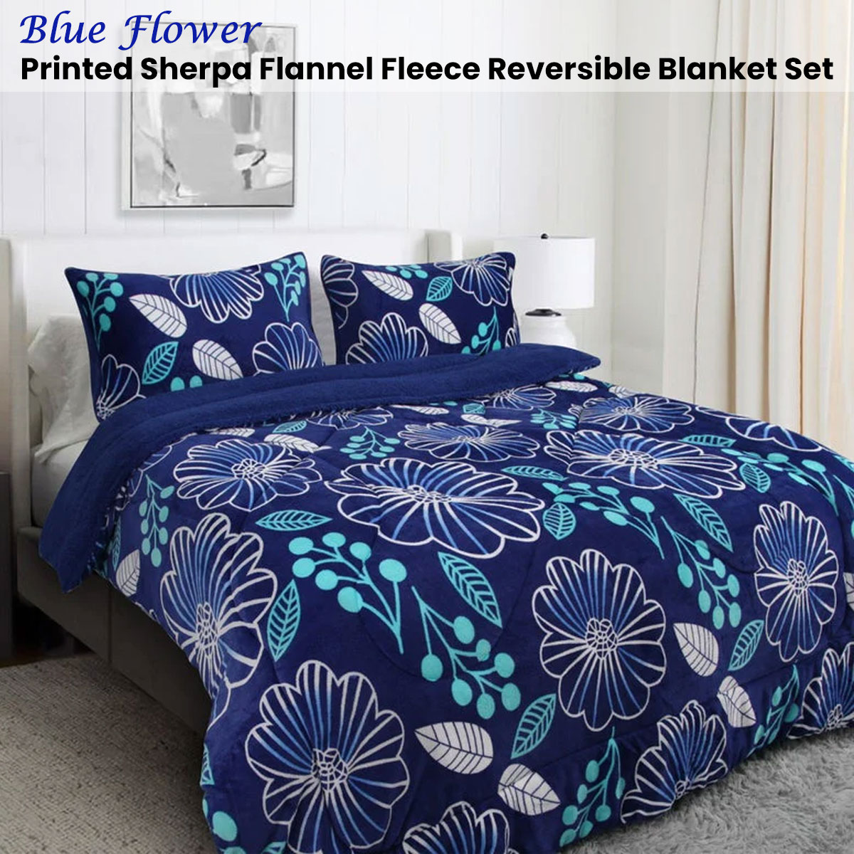 Ramesses Blue Flower Printed Sherpa Flannel Fleece Reversible Blanket Set Queen/King — image 2