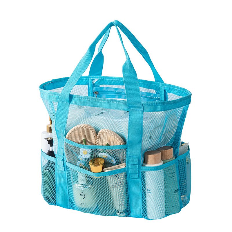 Blue large size Large Capacity Mesh Beach Tote Bag - Breathable PET with Multi-Pocket Storage, Quick-Dry Design for Travel, Gym, and Poolside Use