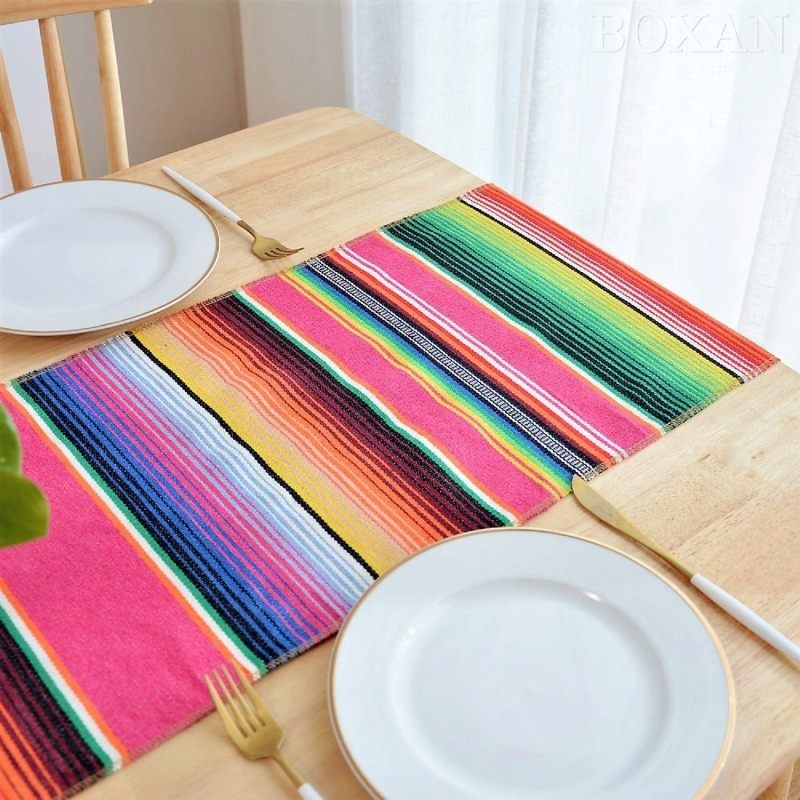 Handwoven Fringe Cotton Blanket Table Runners, Colorful Mexican Stripe Table Runner for Mexican Party Decorations, 14in x 84in