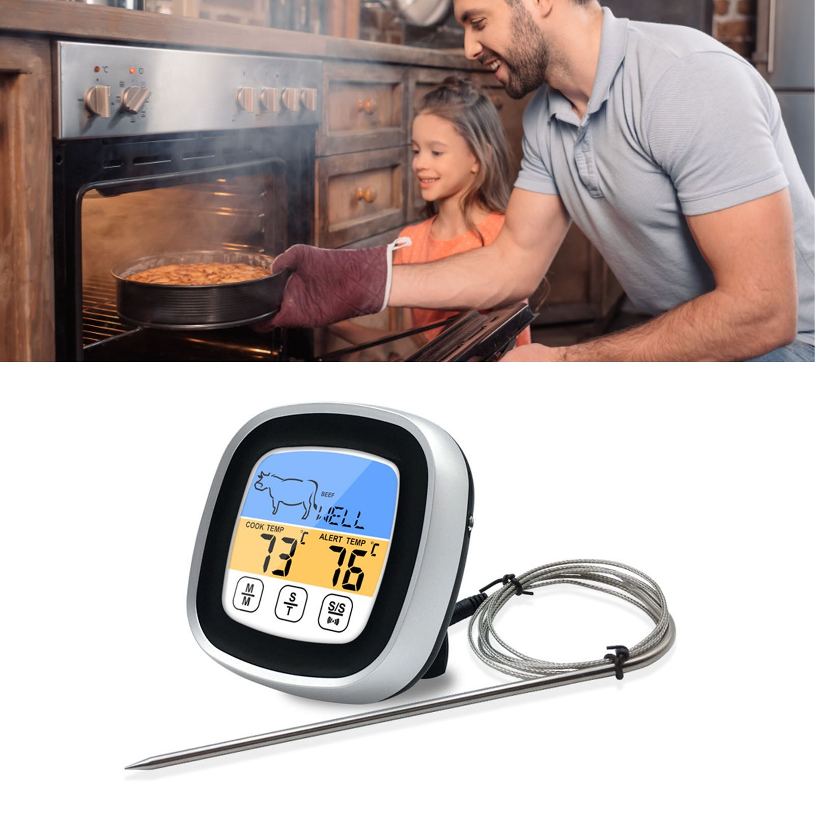 Digital Timer Thermometer Touch Screen Stainless Steel Meat Thermometer for Kitchen BBQ Black — image 5