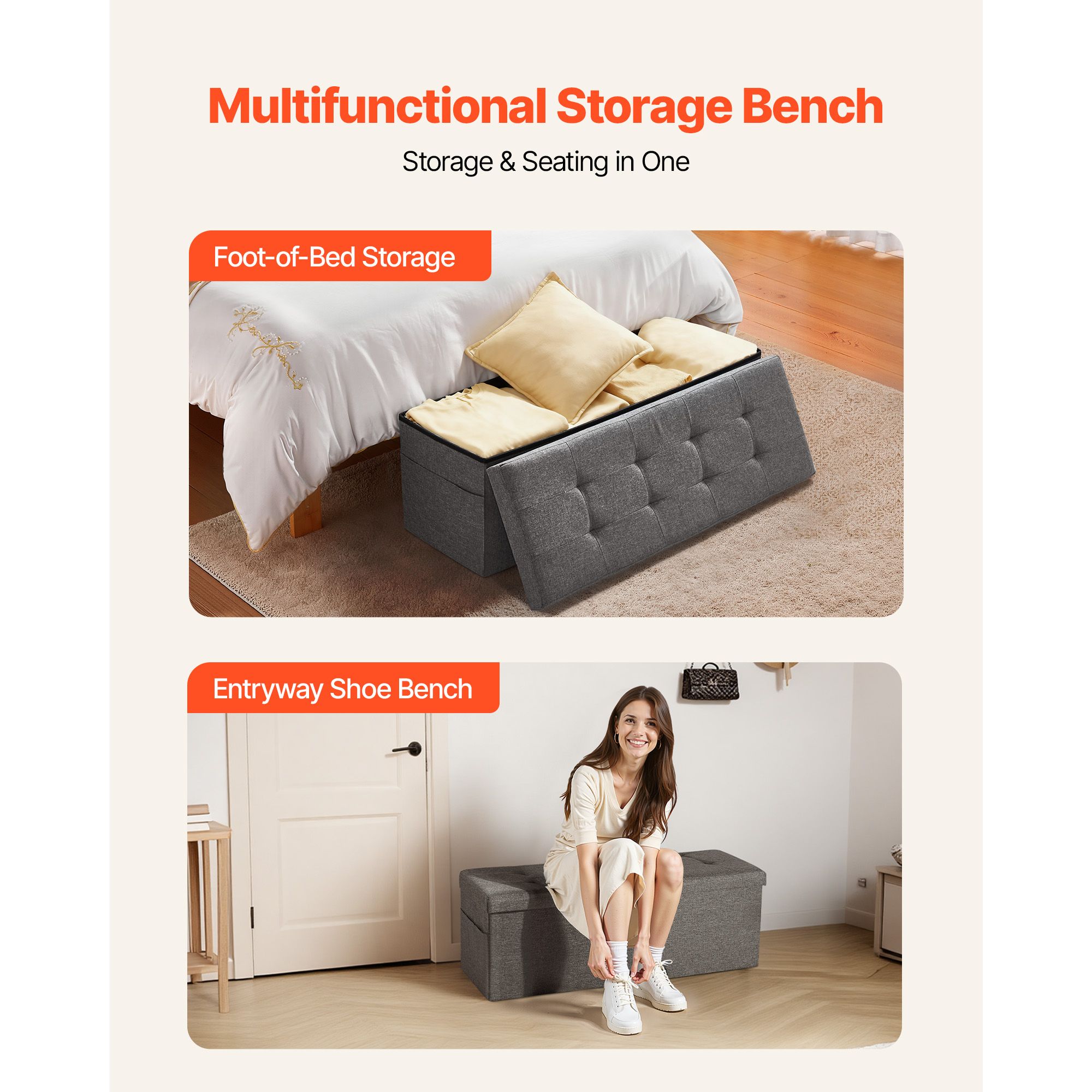 Foldable Storage Ottoman Bench, End of Bed Bench with Side Bags, Folding Upholstered Storage Chest Supports 660 lbs, Linen Bed Ottoman with Large Space for — image 3