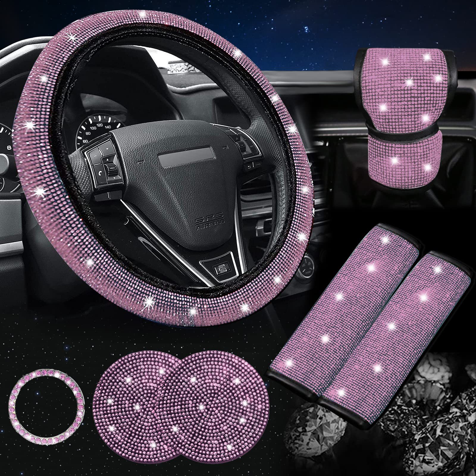 Pink 7-Piece Car Interior Decoration Set โ Crystal Rhinestone Steering Wheel Cover, Gear Shift Cover, Seat Belt Pads, Cup Coasters & Ignition Switch Cover