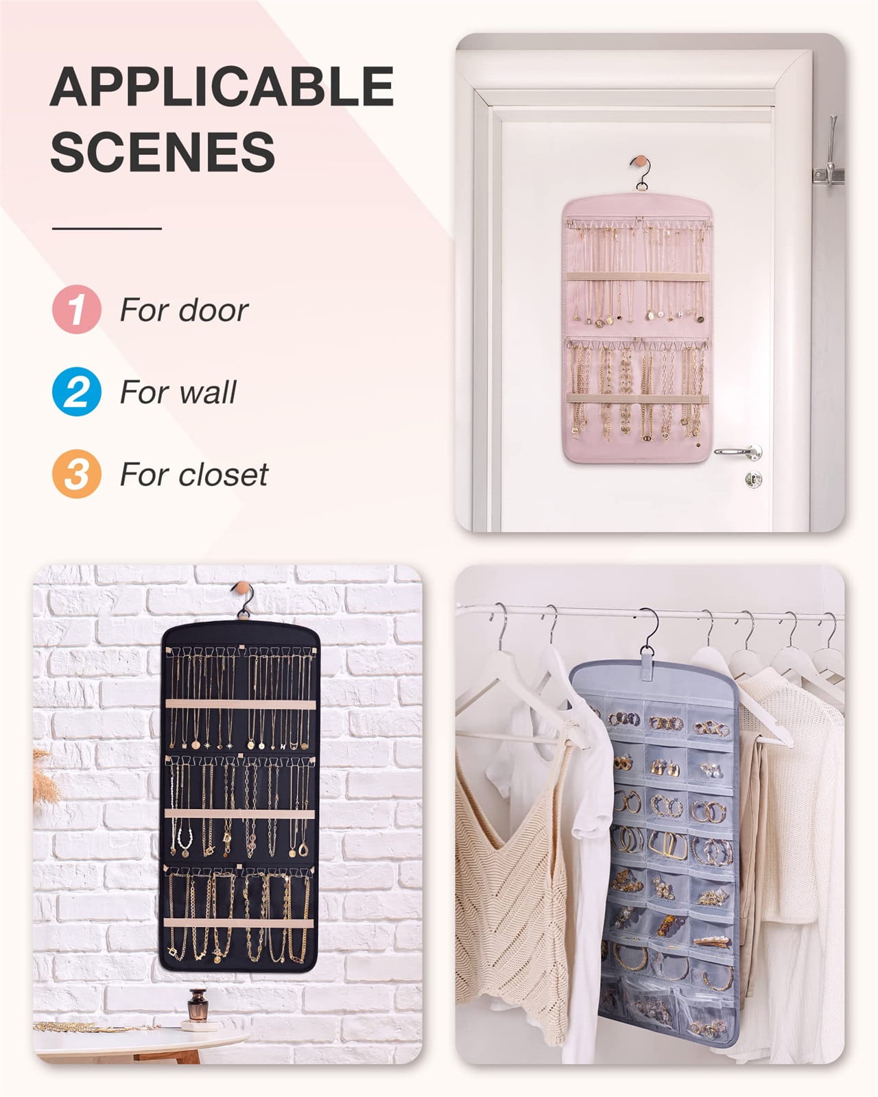 Hanging Jewelry Organizer Necklace Holder Anti-tangle Earrings Rings Hanger with 20 Jewelry Bags Travel Storage Roll with Pockets Hang on Closet, Wall, Door,1 — image 5