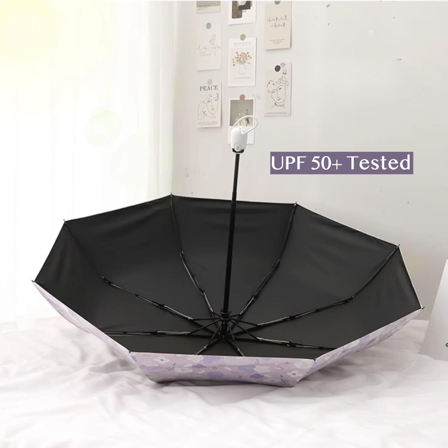 Women's Purple Floral Auto-open Sun & Rain Umbrella, UV Protection Compact Travel Umbrellas UPF 50+ with Cover Bag โ image 5