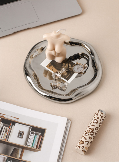 Silver Plated Ceramic Tray Set (Round & Long Shapes) – Minimalist Luxury Decorative Organizer for Jewelry, Vanity & Home Display| Other Styles Available in — image 4