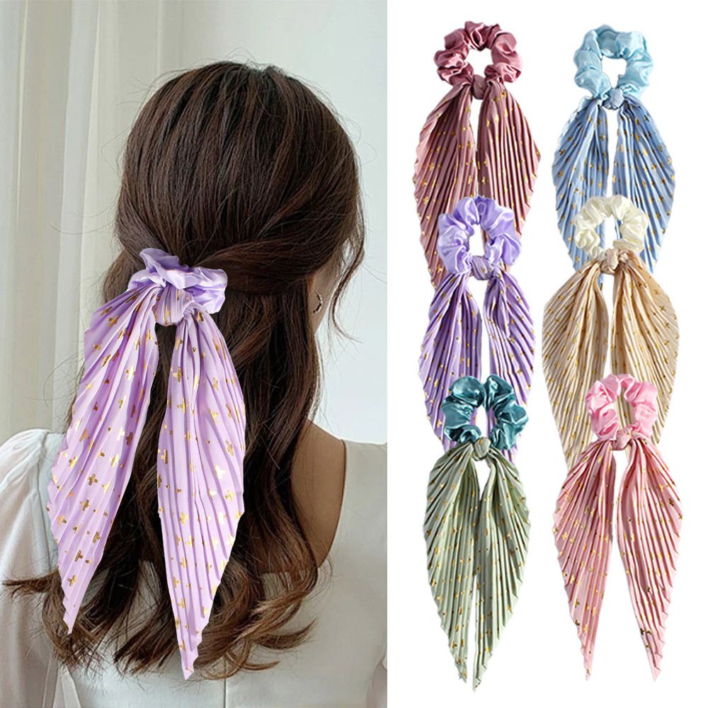 6 Pack Vintage Ribbon Ponytail Scrunchies for Women Pleated Satin Hair Ties with Long Ribbon Tails Elegant Retro Hair Accessories Set for Ponytail โ image 3