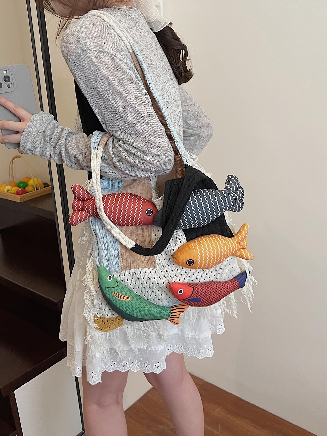 Boho Knit Tote Bag with 3D Fish Applique – Patchwork Shoulder Bag for Women, Beach, Travel & Daily Use – Soft Fringe Design (White) — image 4