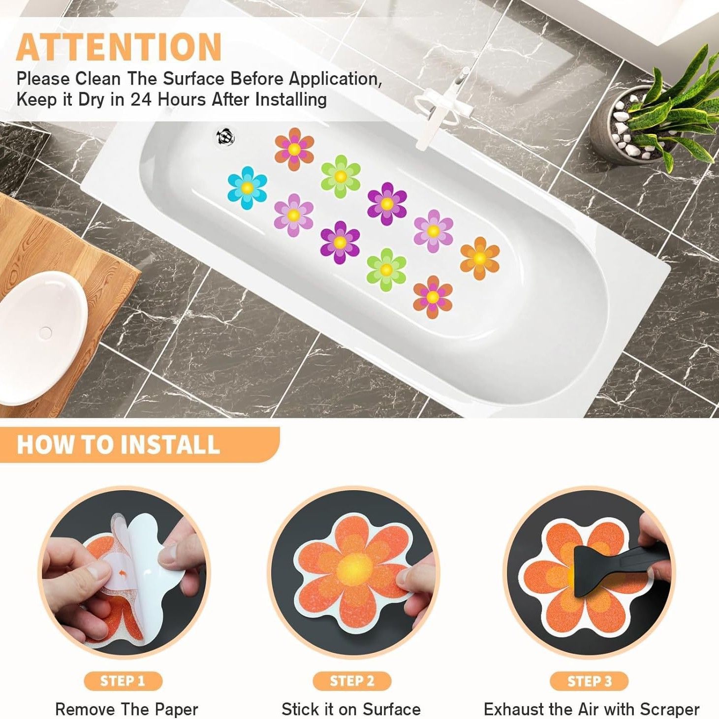 10Pcs Assorted Size Flower Shaped Non-Slip Bath Tub Stickers – Decorative & Functional Bathroom Decor 10*10cm — image 3