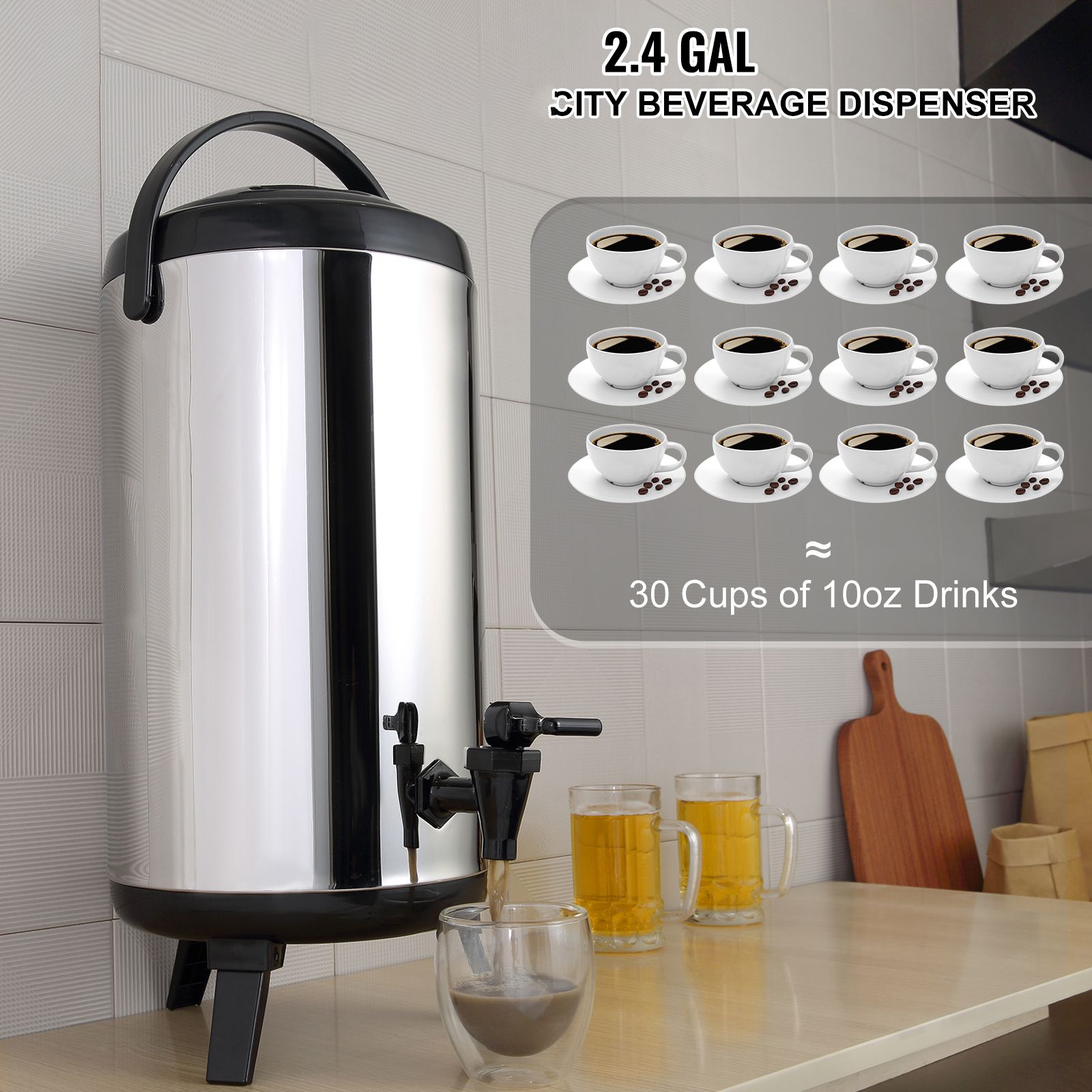 Stainless Steel Insulated Beverage Dispenser, 9.2 Liter, Thermal Hot and Cold Drink Server Dispenser with Spigot Handle, Food-grade for Hot Tea Coffee Water โ image 2