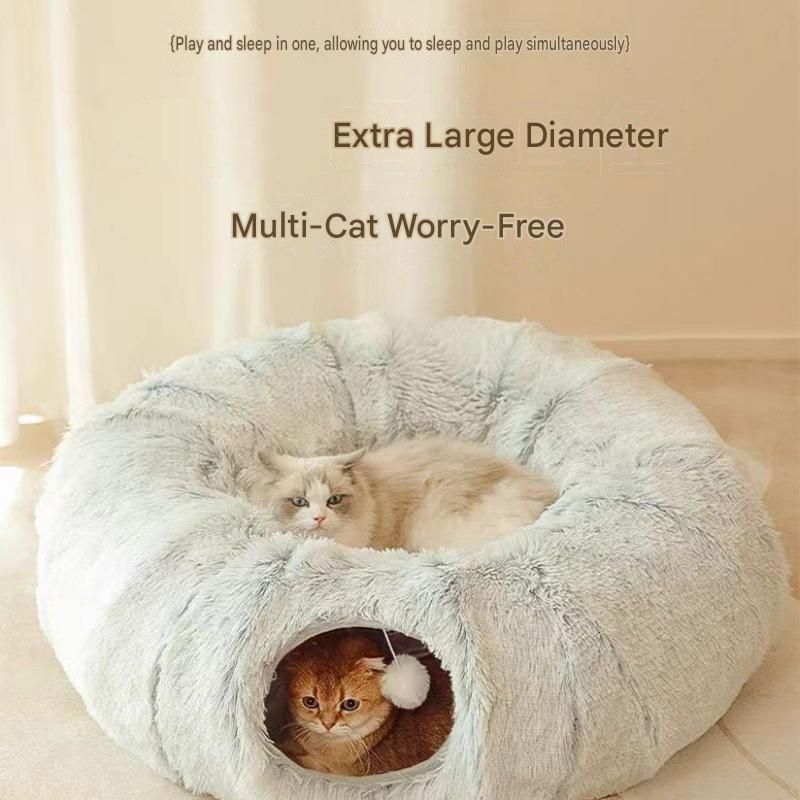 Grey Foldable Cat Tunnel Bed - Plush 2-in-1 Pet Nest with 26cm Wide Opening, Non-Slip Base and Hanging Toy for Indoor Cats โ image 3