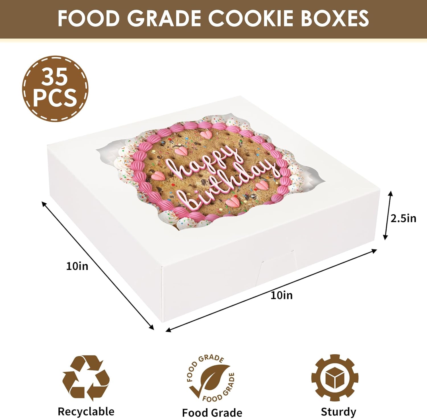 35pcs Bakery Boxes, 10x10x2.5 Inches Auto-Popup Cookie Boxes with Window for Pie, Cookie Cake, Treats, Pastries, Chocolate Covered Strawberries — image 2