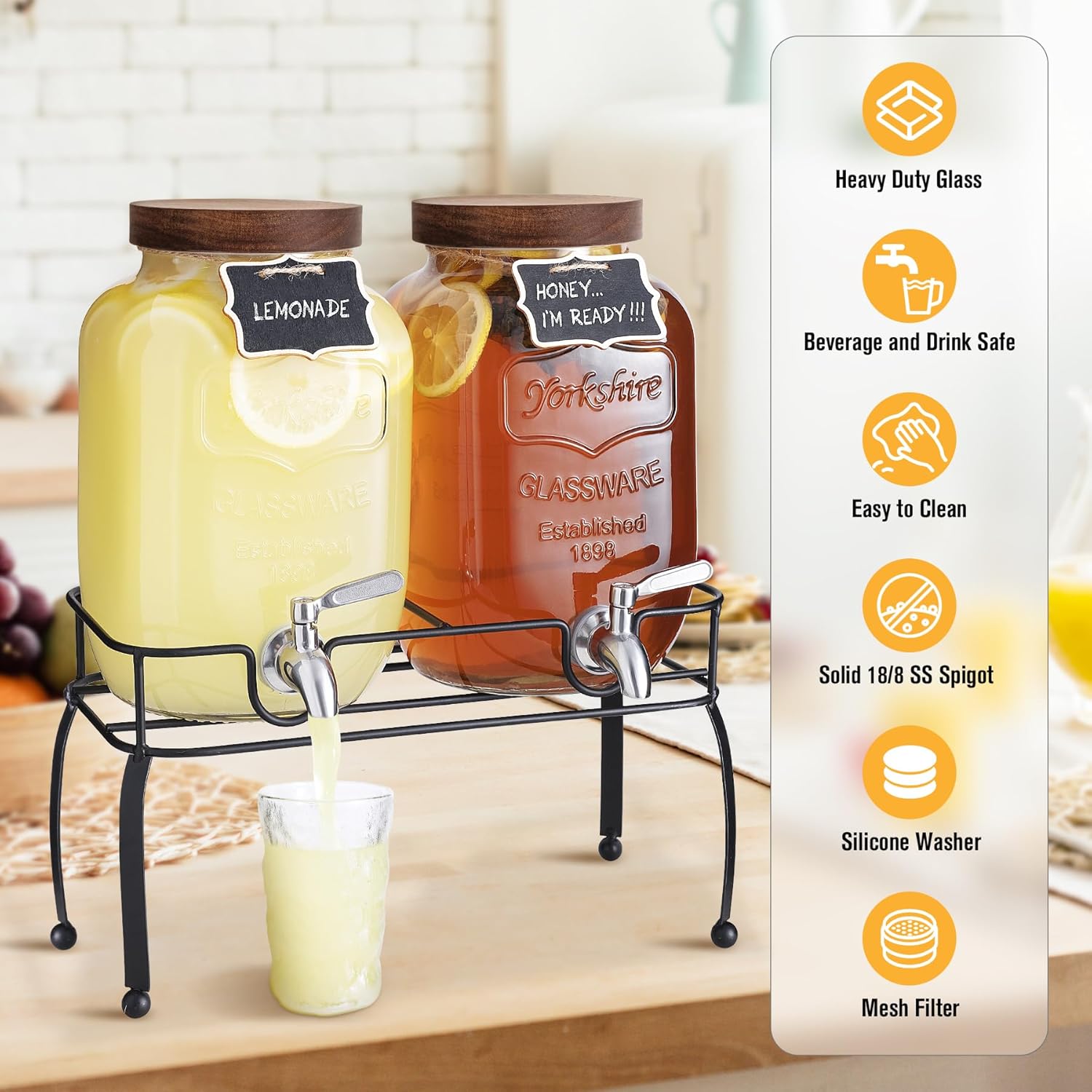 Glass Drink Dispenser for Parties, 1 Gallon Beverage Dispenser with Stand and Spigot Solid Stainless Steel, Used as Lemonade Dispenser Sun Tea Jar Kombucha โ image 3