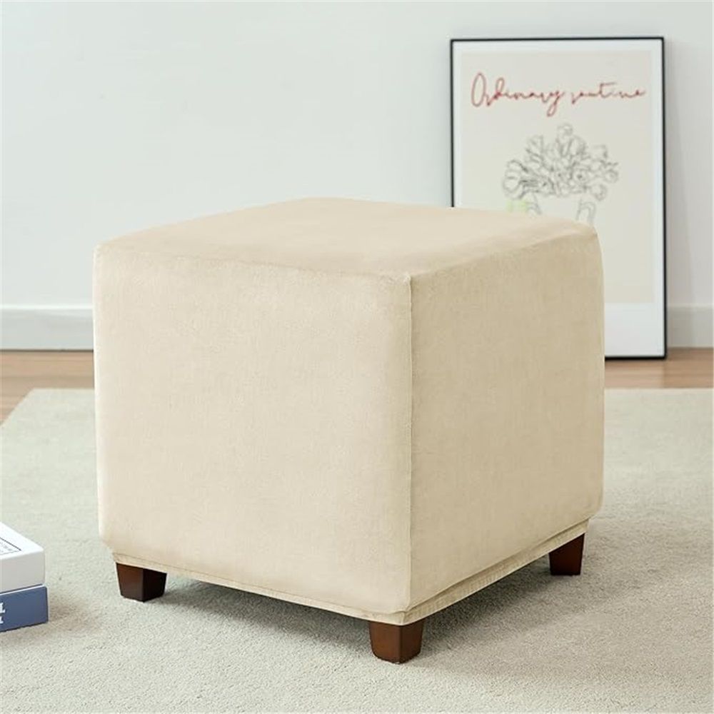 Super soft elastic fabric square cover footstool furniture protective cover elastic bottom comfortable silver fox fur (beige S) โ image 2