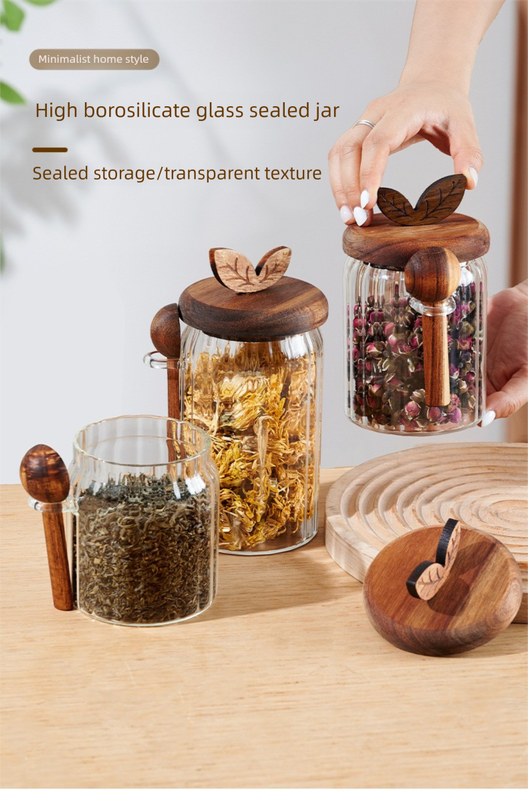 800ml Premium Borosilicate Glass Storage Jar with Acacia Wood Lid & Integrated Spoon – Airtight Moisture-Proof Kitchen Canister for Tea, Coffee, and Spices — image 2