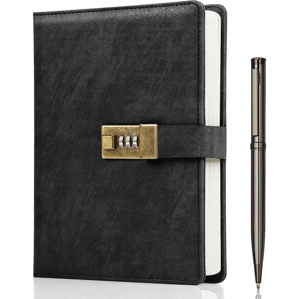 Diary with Lock, A5 PU Leather Journal with Lock, 240 Pages, Vintage Lock Journal Password Protected Notebook with Pen and Gift Box, 22 × 14.7 cm