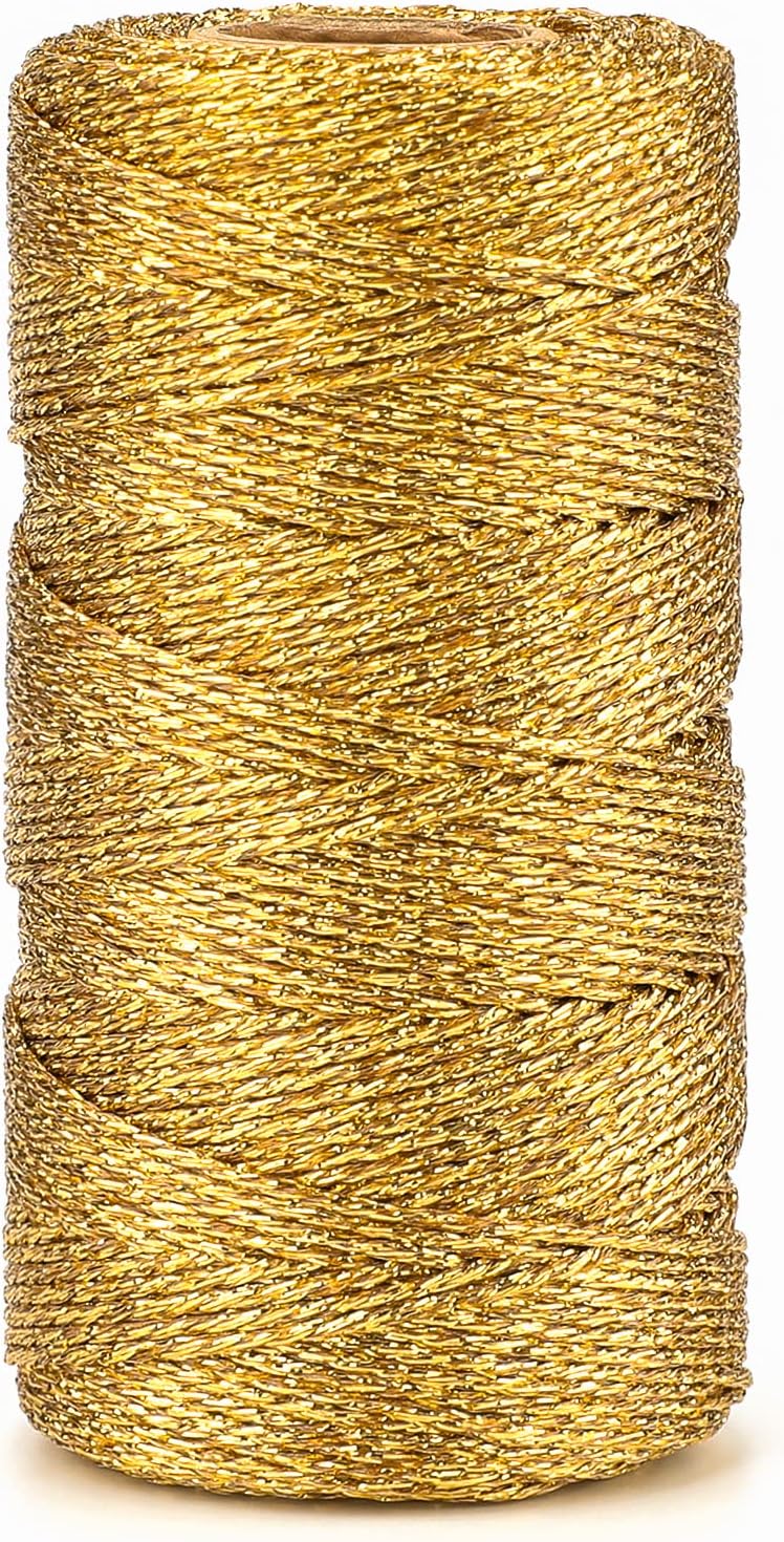 328 Feet Gold String Twine - 1.5mm Metallic Ornament Thread Gift Wrapping - Inelastic Macrame Glitter Gold Cord for Gift Wrapping, DIY Crafts, Bracelets