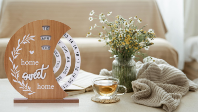 Wooden Perpetual Calendar with Rotating Discs – Elegant Desk Decor for Home & Office, “Home Sweet Home” Design (Natural Wood) — image 6