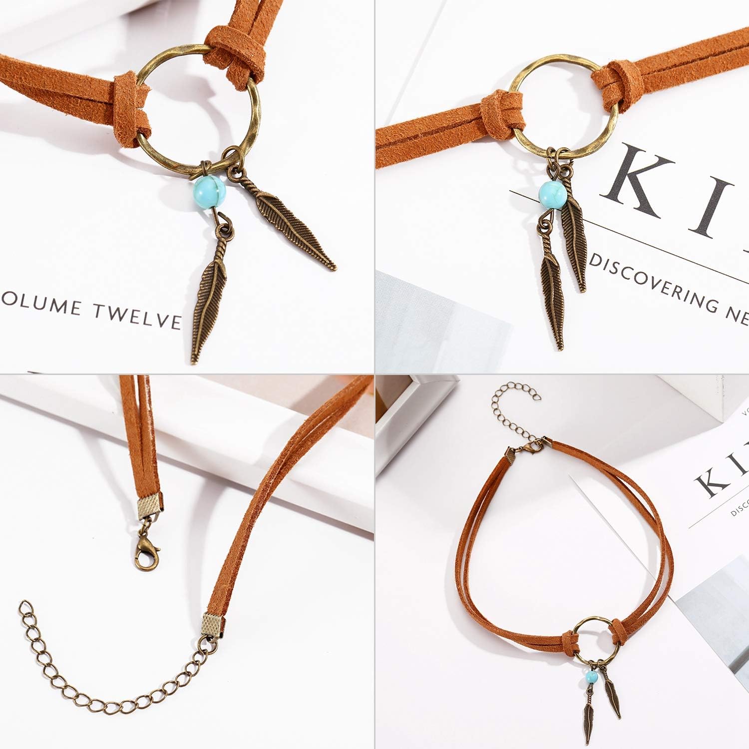2 Sets Native American Jewelry Set for Women 2 Pieces Faux Suede Choker Necklace Faux Leather Choker and 2 Pairs Bohemian Artificial Feather Earrings Boho โ image 4