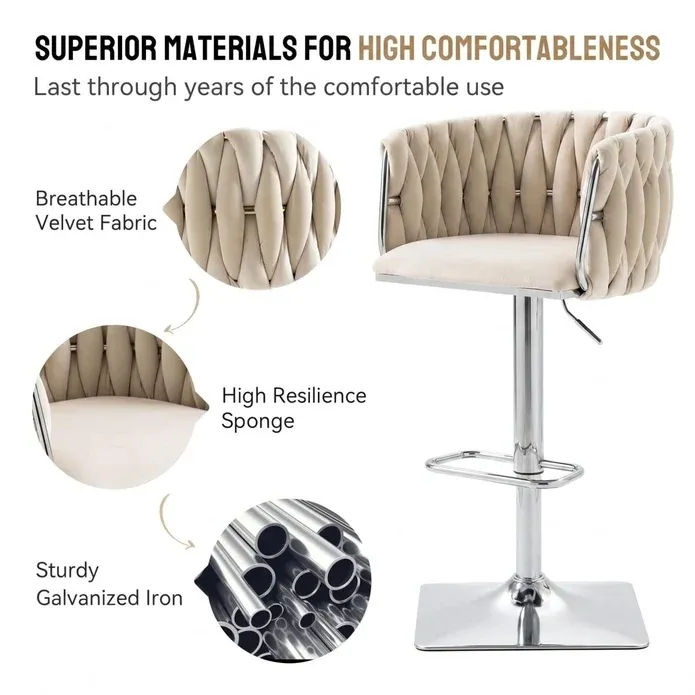SERENITà Modern Velvet Breakfast Bar Stools Swivel Barstools Adjustable Counter Stools with Backrest (Silver-Ivory) — image 4