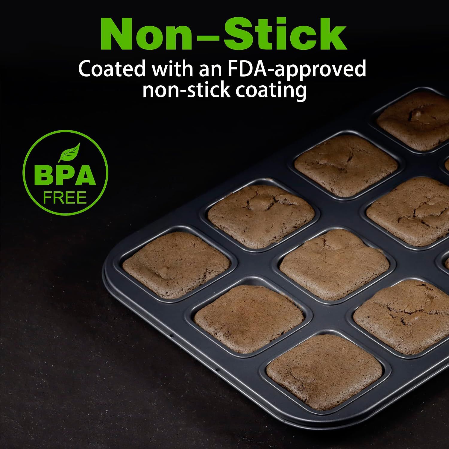 2 Pack 12 Cavity Brownie and Muffin Pans, Non Stick Carbon Steel Bakeware for Mini Cakes, Brownies, Bread and Desserts, Grey — image 3