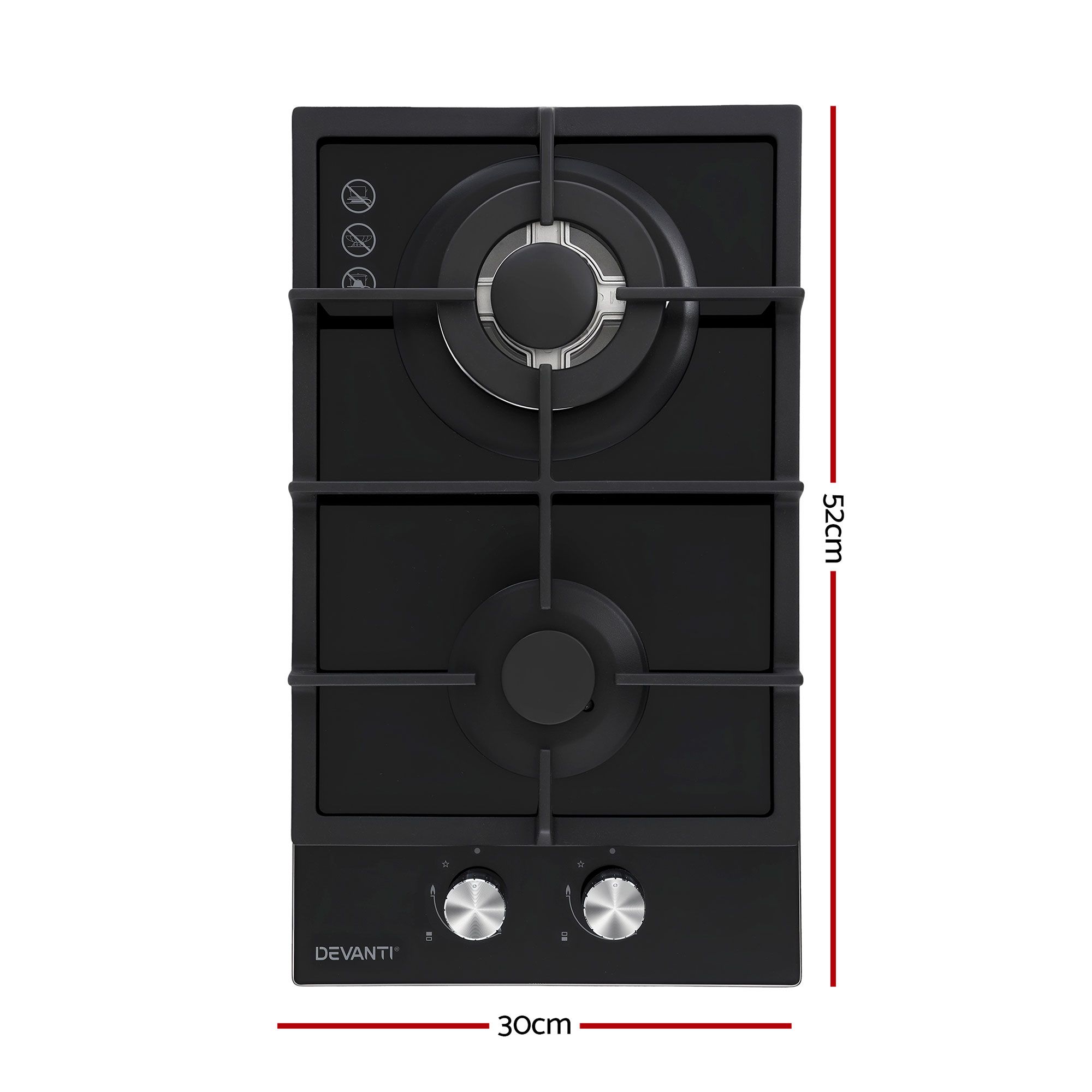 Devanti Gas Cooktop 30cm 2 Burner Built-in Stove Glass Cook Top NG LPG Wok Burner — image 2