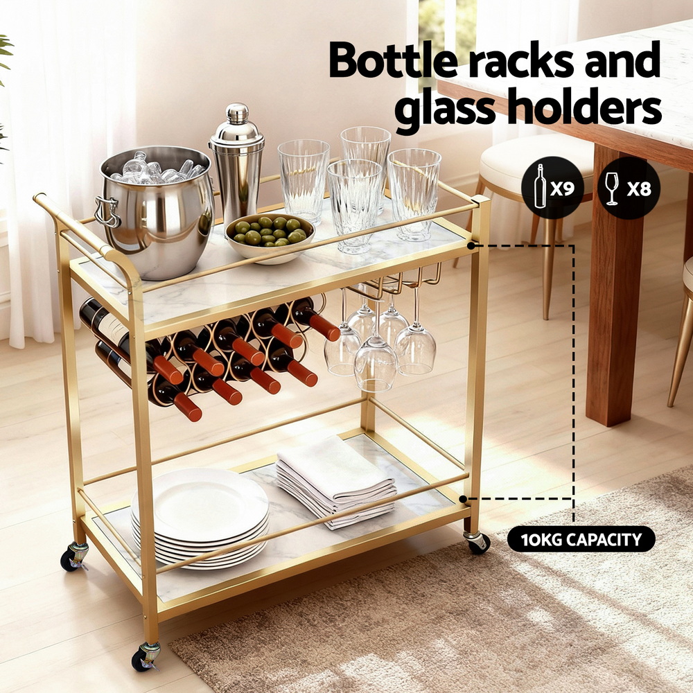 Artiss Bar Cart Drinks Trolley Serving Wine Rack Glass Holder Marble 85cm Gold โ image 5