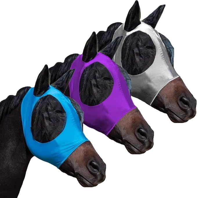Fly Masks for Horses with Ears Set of 3, Comfort Fit Stretchy Fabric with UV Protection Soft on Skin Breathability for Average Size Horses (Blue-Purple-Red) M