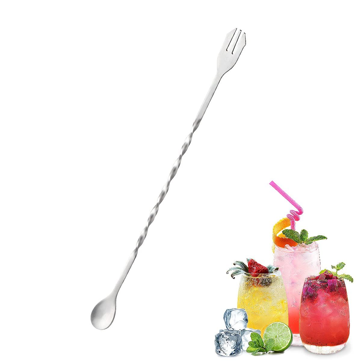 Bar Spoon Cocktail Mixing Spoon Bar Stirring Spoon Drink Stirrers Fruit Fork Stainless Steel Bar Set Bartender kit 10 Inch