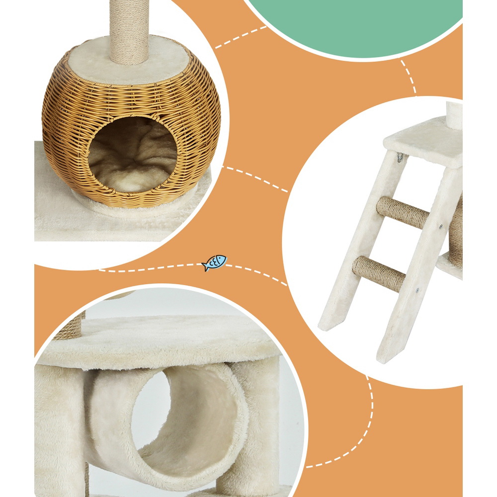i.Pet Cat Tree 138cm Tower Scratching Post Scratcher Wood Bed Condo House Rattan Ladder โ image 6