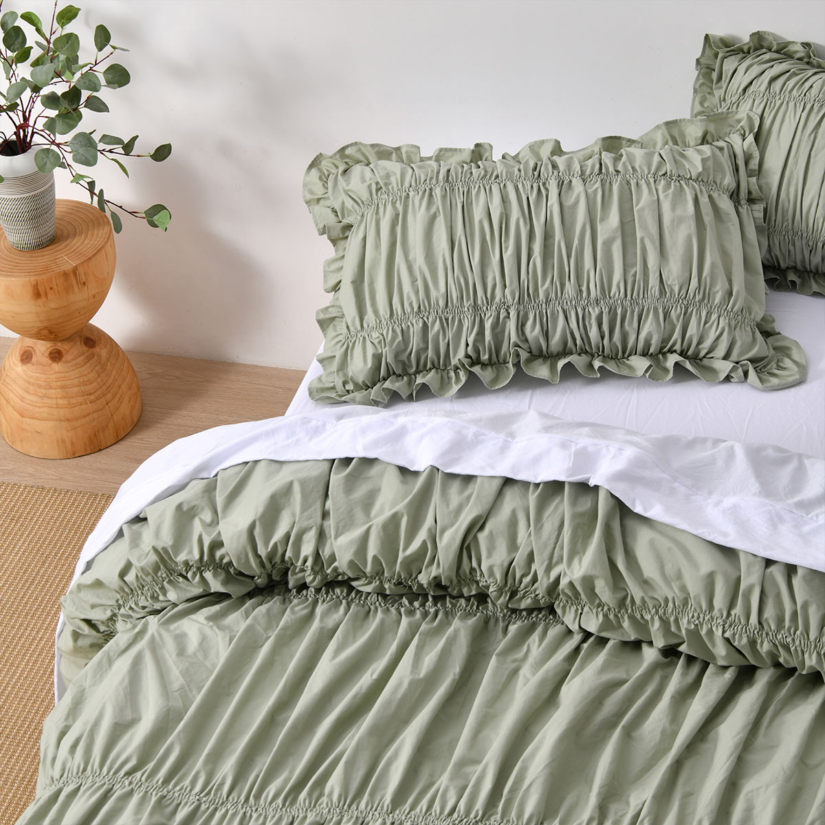Vintage Design Homewares Haven Sage Washed Cotton Ruched Quilt Cover Set Single — image 3