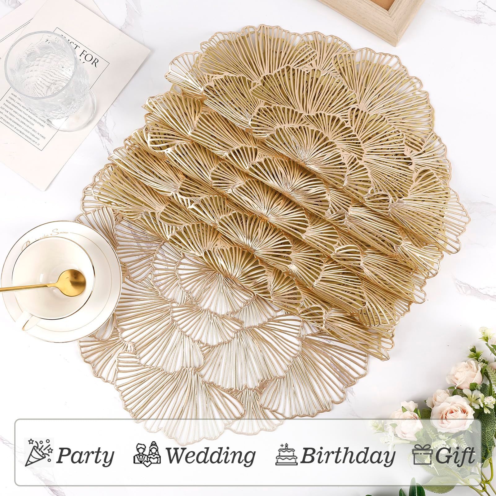 Round Placemats Pressed Vinyl Metallic Flower Place Mats Set of 6 Heat Resistant Dining Table Mats Gold Placemat for Wedding Party — image 2