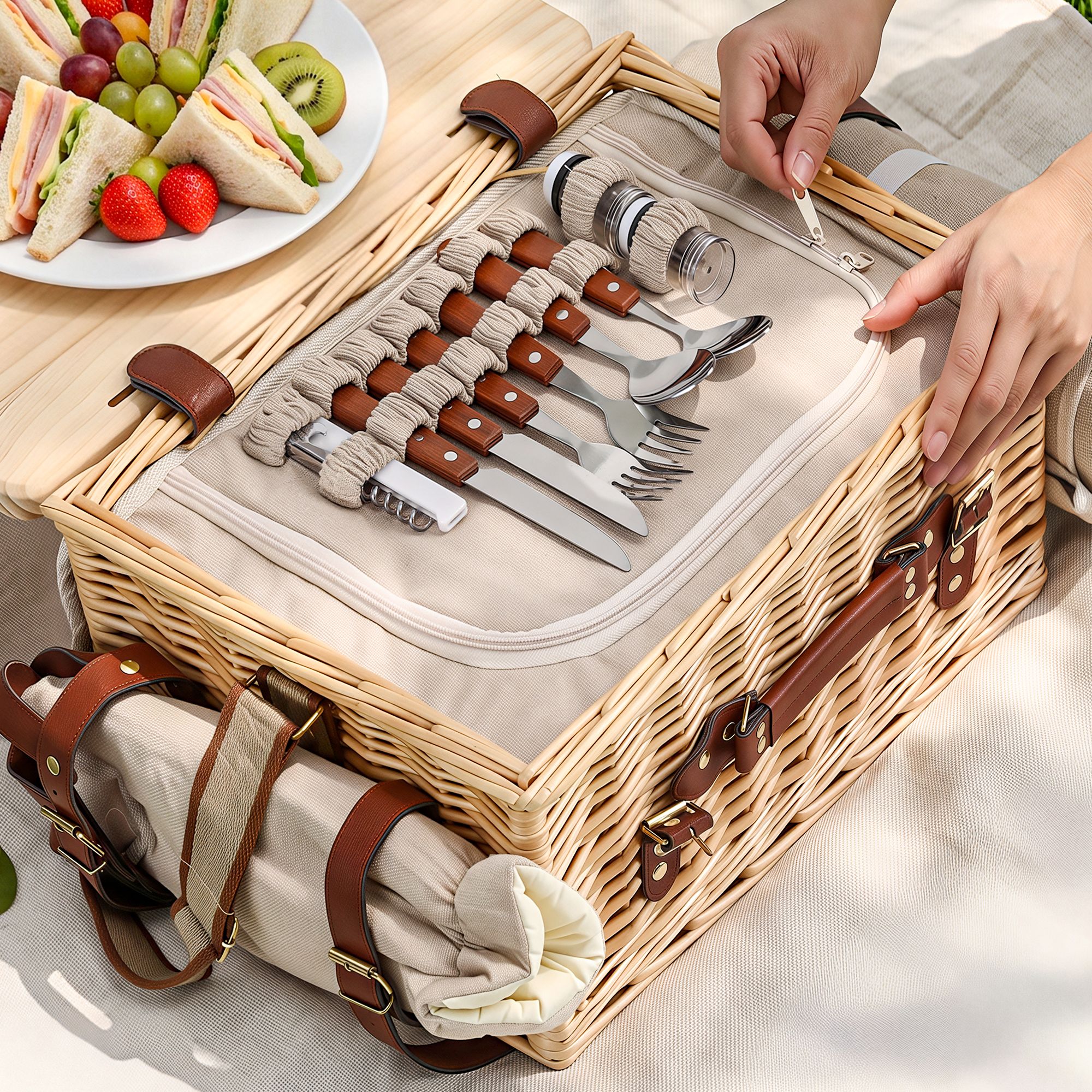 Alfresco 2 Person Insulated Picnic Basket Set with Foldable Wood Table Mat โ image 5