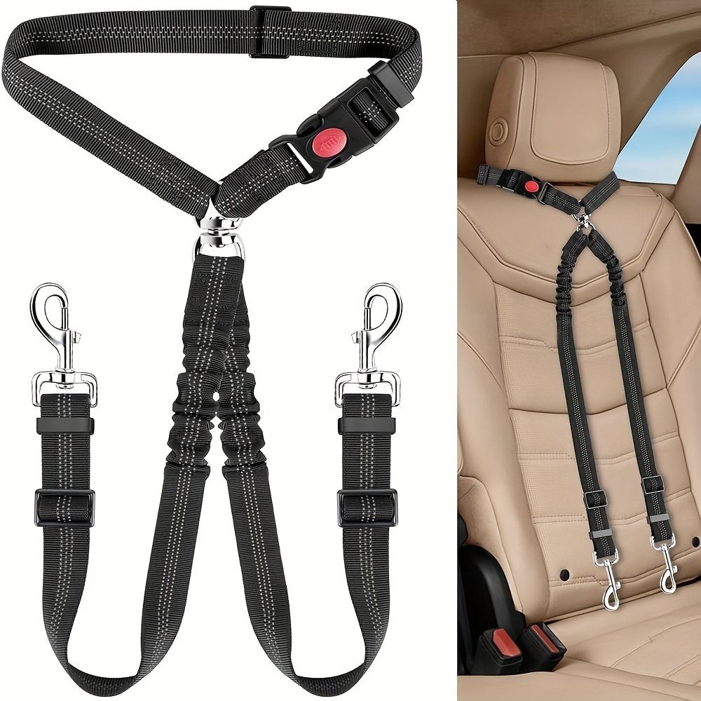 Dual-Head Pet Car Seat Belt with 360° Swivel Tangle-Free Leash for Two Dogs - Adjustable Safety Restraint for Car Travel and Outdoor Walking, Reflective Nylon — image 2