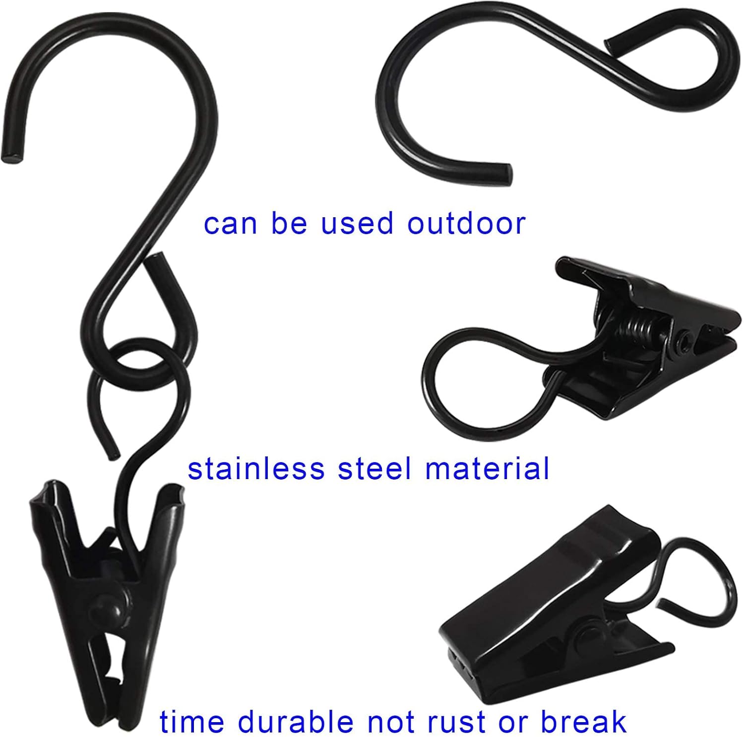 Stainless Steel S Hooks Curtain Clips, 50 Pack Hanging Party Lights Clips Hangers Gutter Photo, Art Craft Display, 2.4 Inch Long, Black Long โ image 3