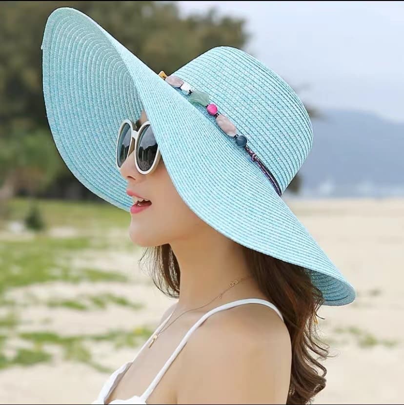 Women's Wide Brim Straw Hat UPF50+ Sun Protection Foldable Beach Hat, Light Blue — image 2