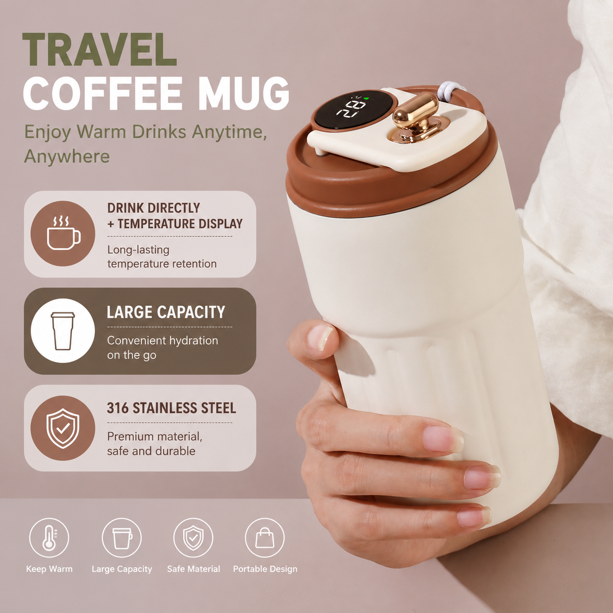 Smart Coffee Tumbler(White lid) 450ml Vacuum Insulated Travel Mugwith Temperature Display Leakproof Coffee Cup Portable Thermal Water Bottle for — image 5