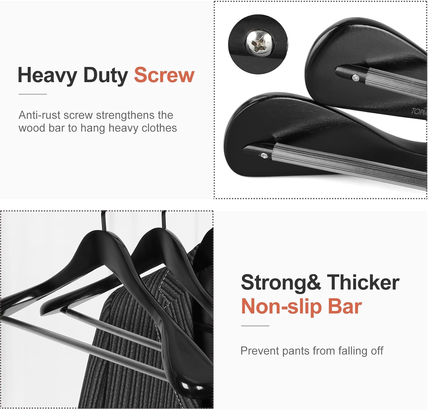 TOPIA HANGER Black Wooden Coat Hanger 6 Pack, Wide Shoulder Wood Suit Hangers with Extra-Thick Flat Hooks & Anti-Slip Pants Bar, Heavy Duty Clothes — image 3