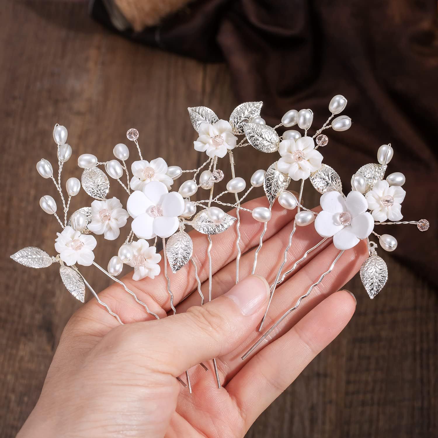 5Pcs Peal Flower Hair Pins Pearl Bridal Hair Pins Silver Wedding Hair Piece Wedding Hair Accessories Hair Flowers for Women Girls — image 2