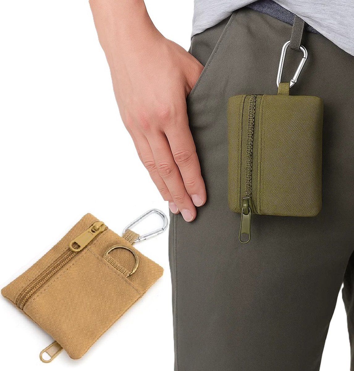 Survival Coin Holder | Card Holder | Coin Storage | Zipper | With Carabiner & Key Ring | For Camping, Traveling, etc. | 9 x 10 cm | Beige